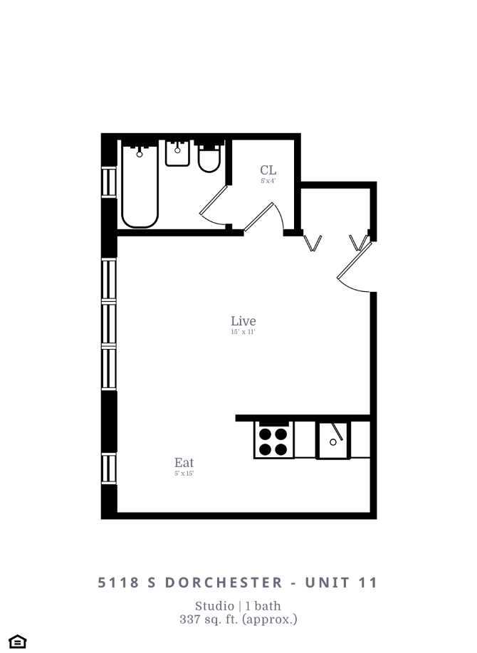 Floor plan for studio, 1 bath, 308 sqft